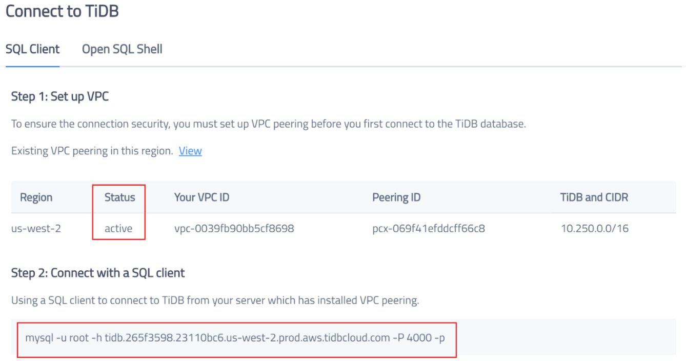 Connection information about your cluster on TiDB Cloud Dashboard