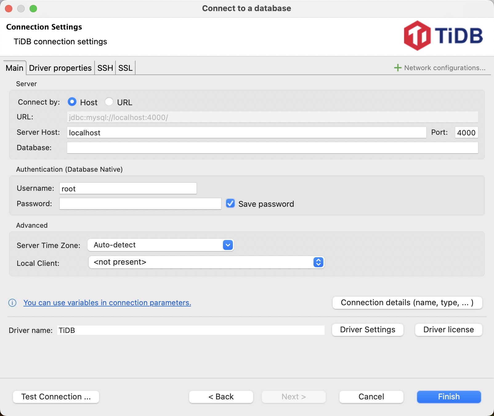 Configure connection settings for TiDB Self-Hosted