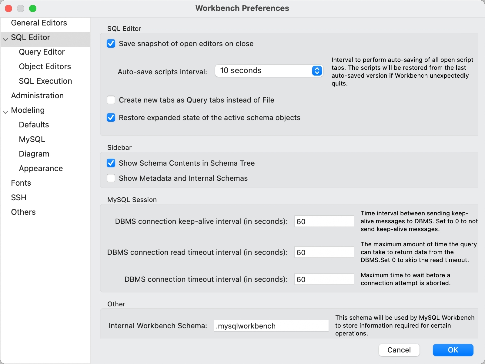 MySQL Workbench: adjust timeout option in SQL Editor settings