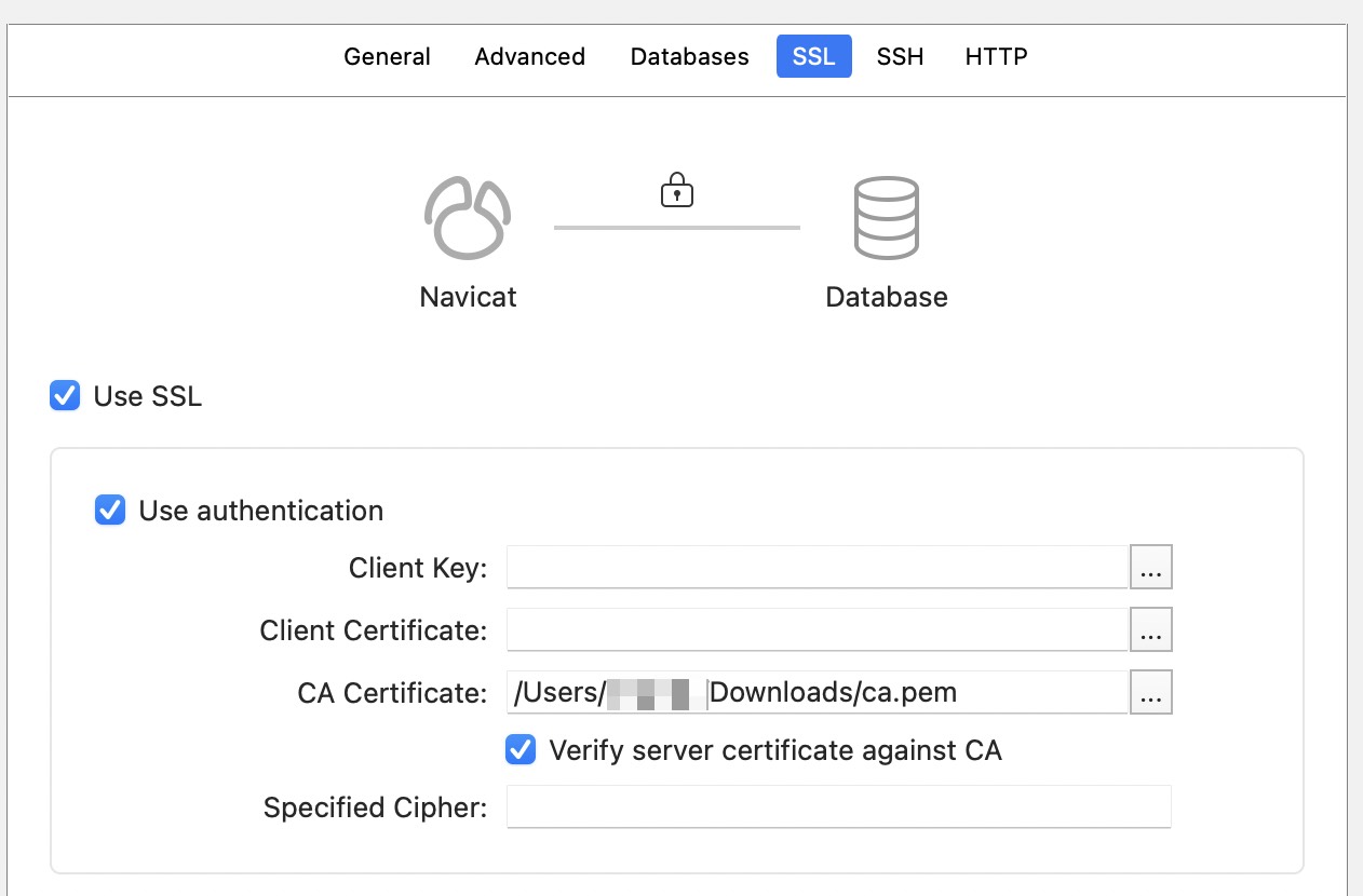 Navicat: configure connection SSL panel for TiDB Dedicated