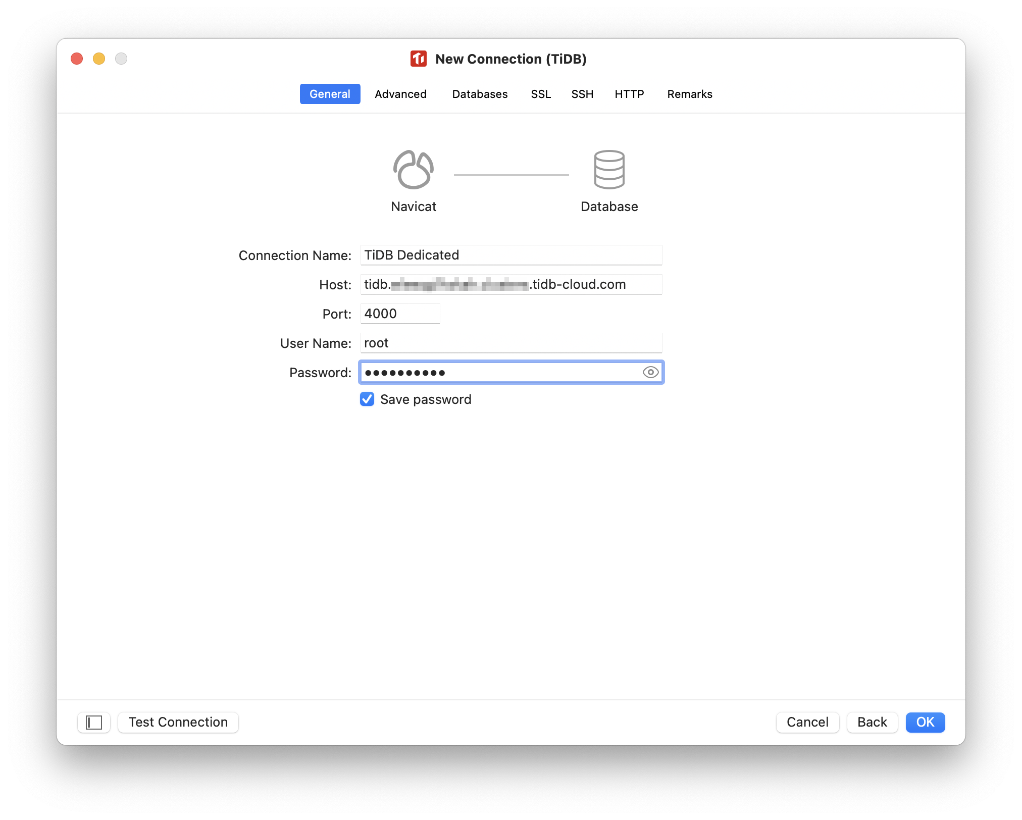 Navicat: configure connection general panel for TiDB Dedicated