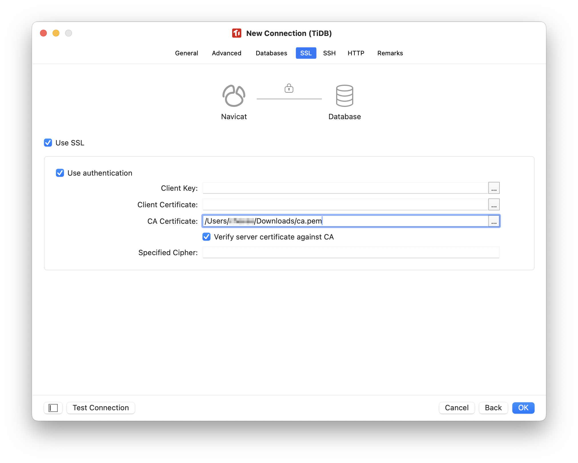 Navicat: configure connection SSL panel for TiDB Dedicated