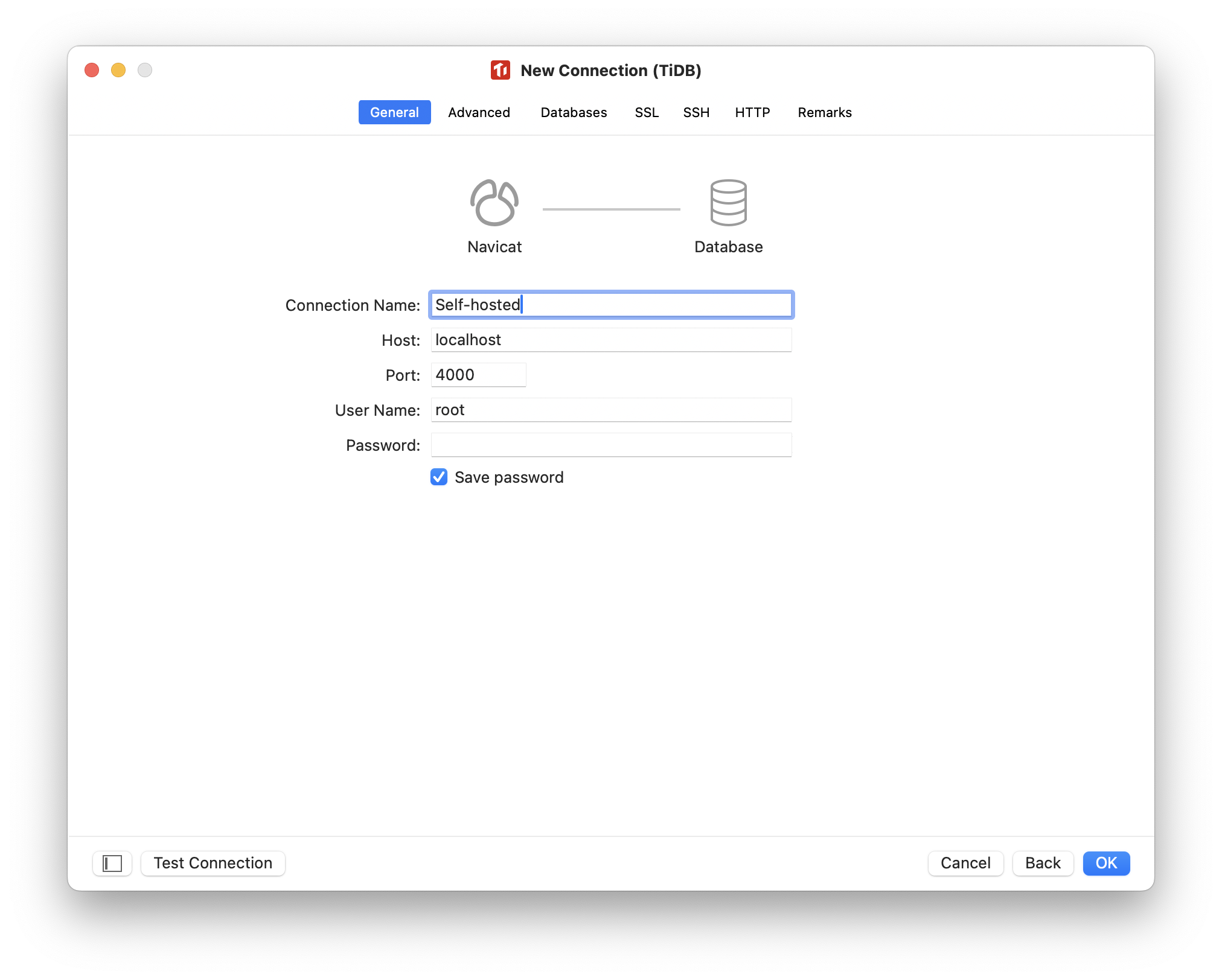 Navicat: configure connection general panel for self-hosted TiDB