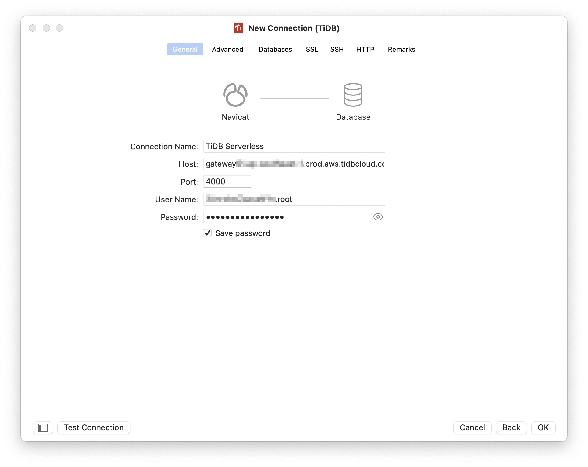 Navicat: configure connection general panel for TiDB Serverless