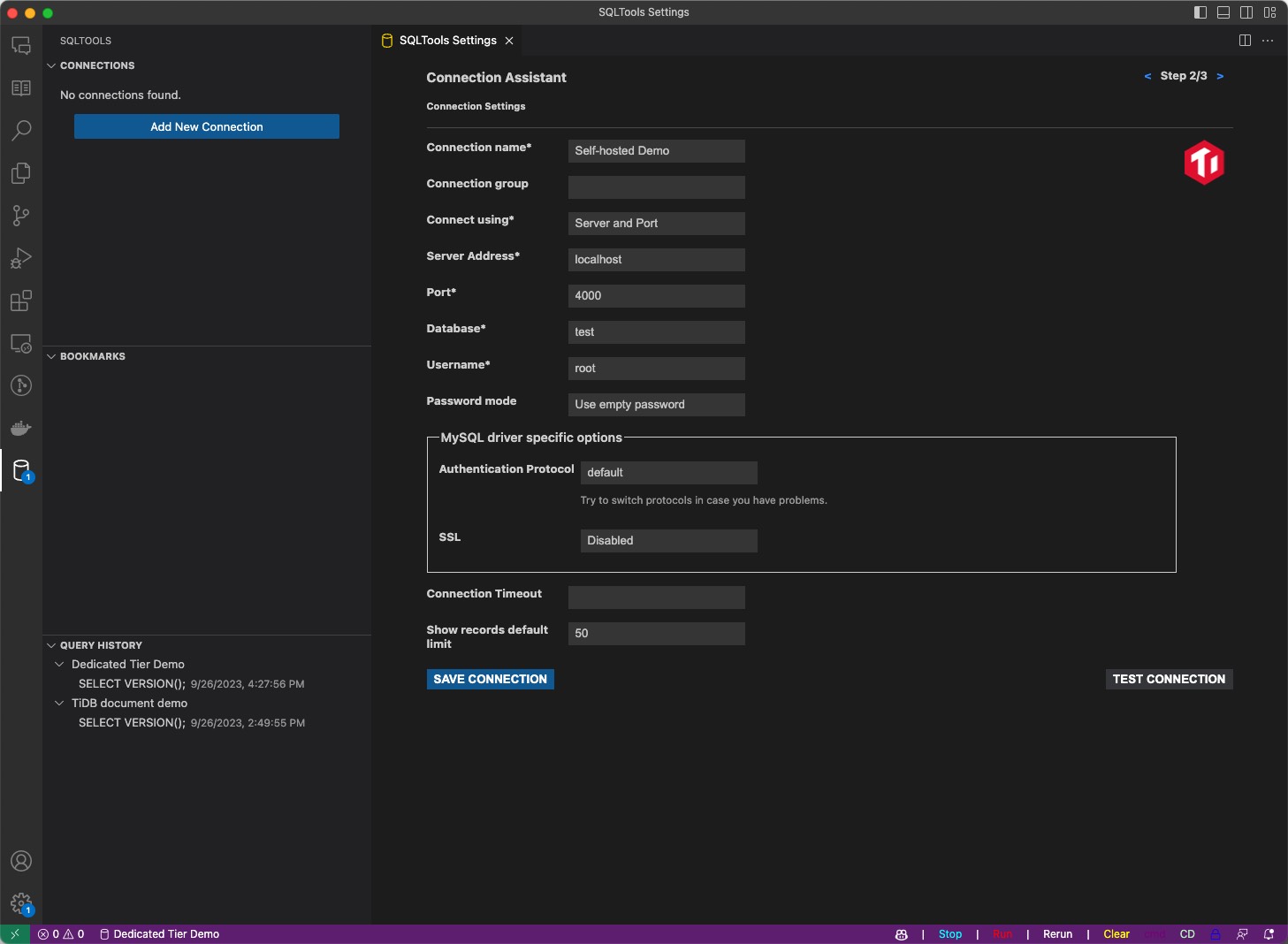 VS Code SQLTools: configure connection settings for TiDB Self-Hosted