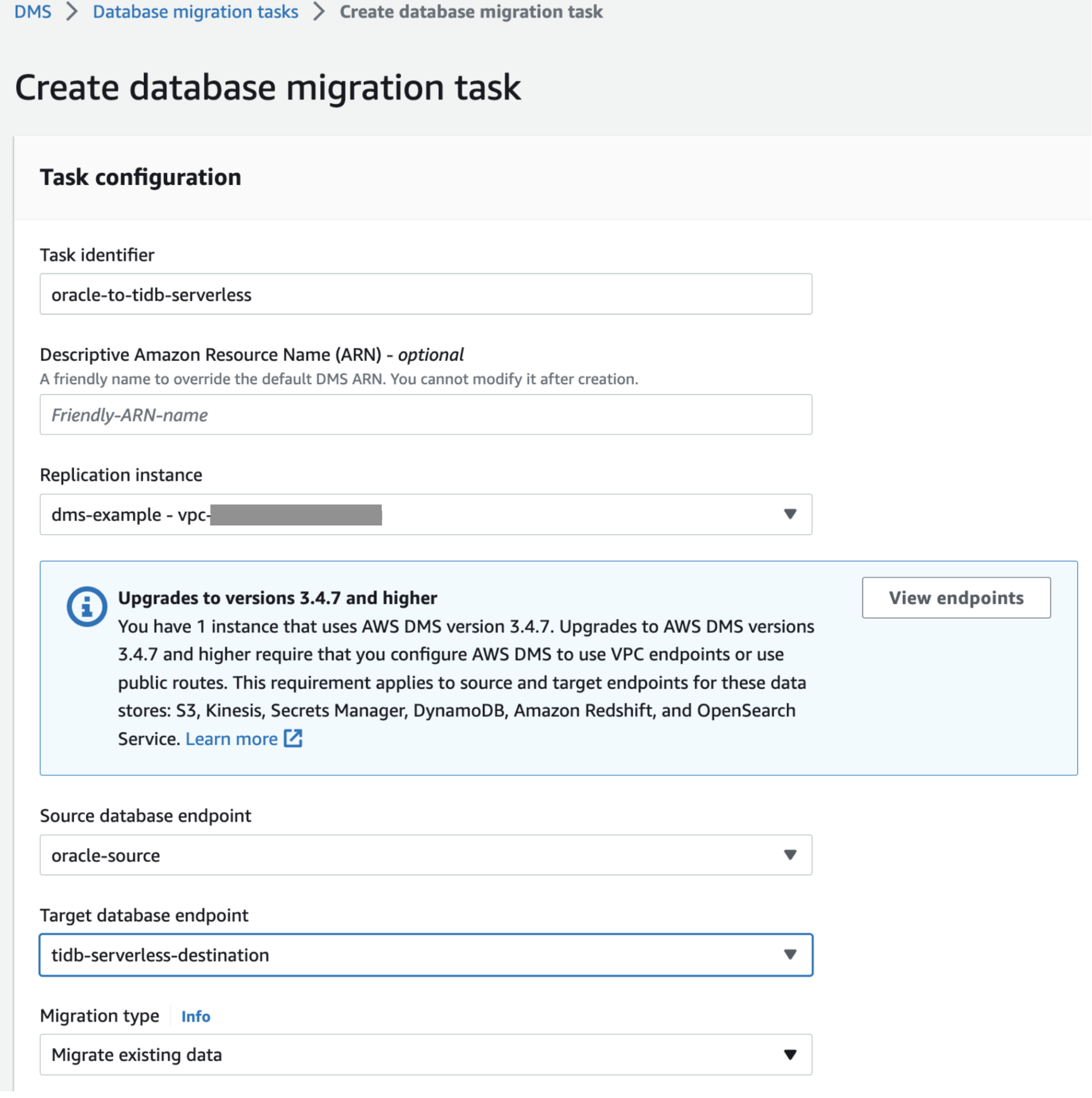 Create AWS DMS migration task