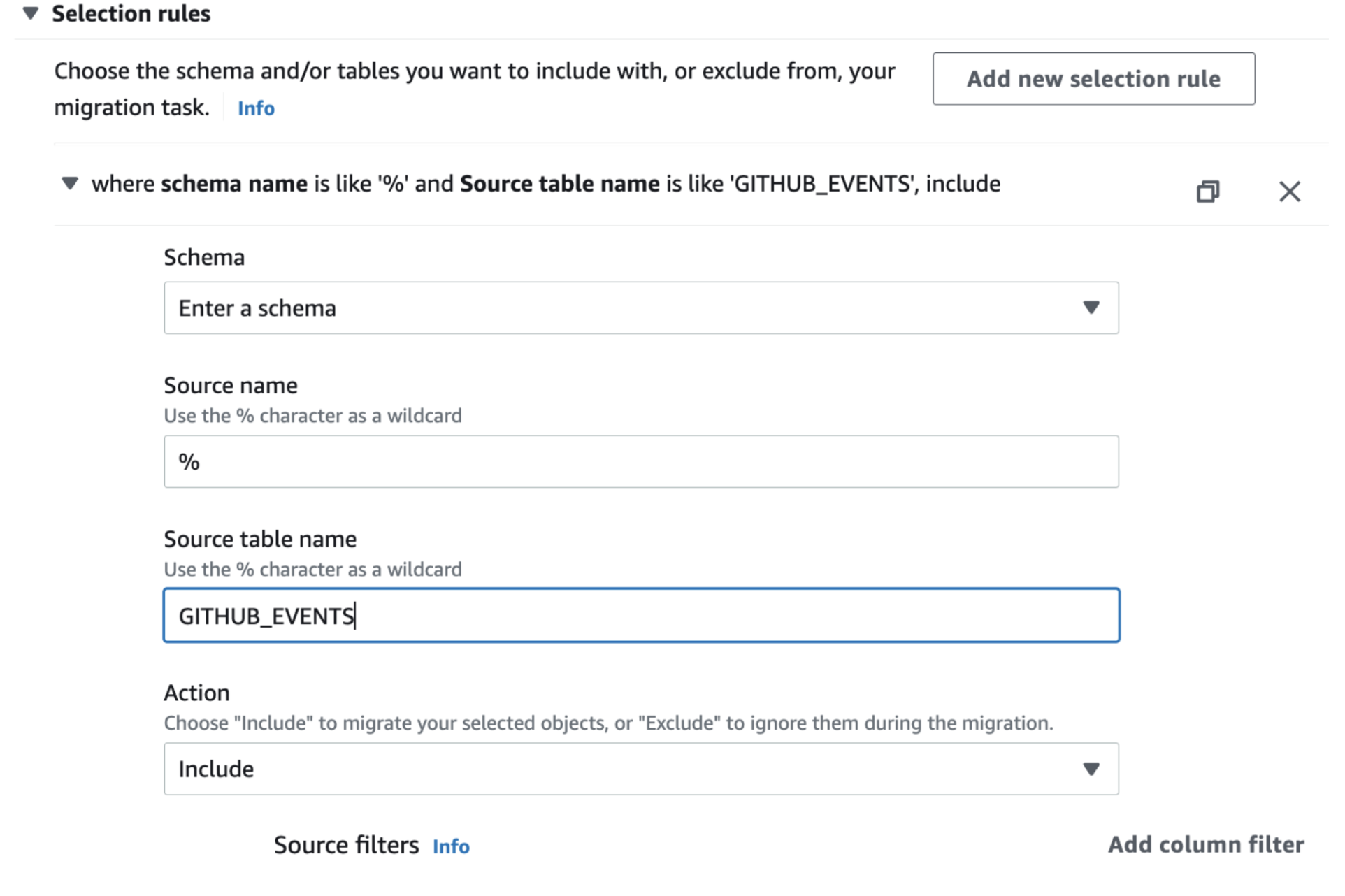 AWS DMS migration task selection rules