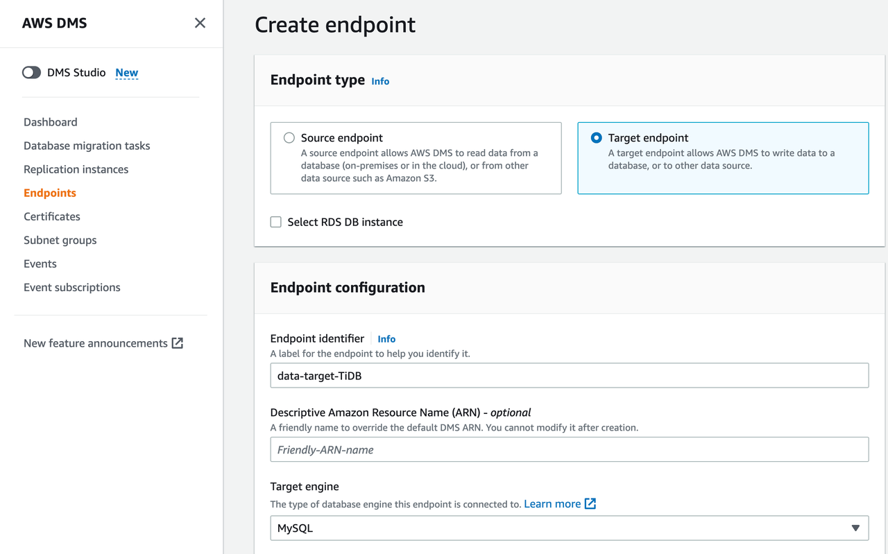 Configure the target endpoint