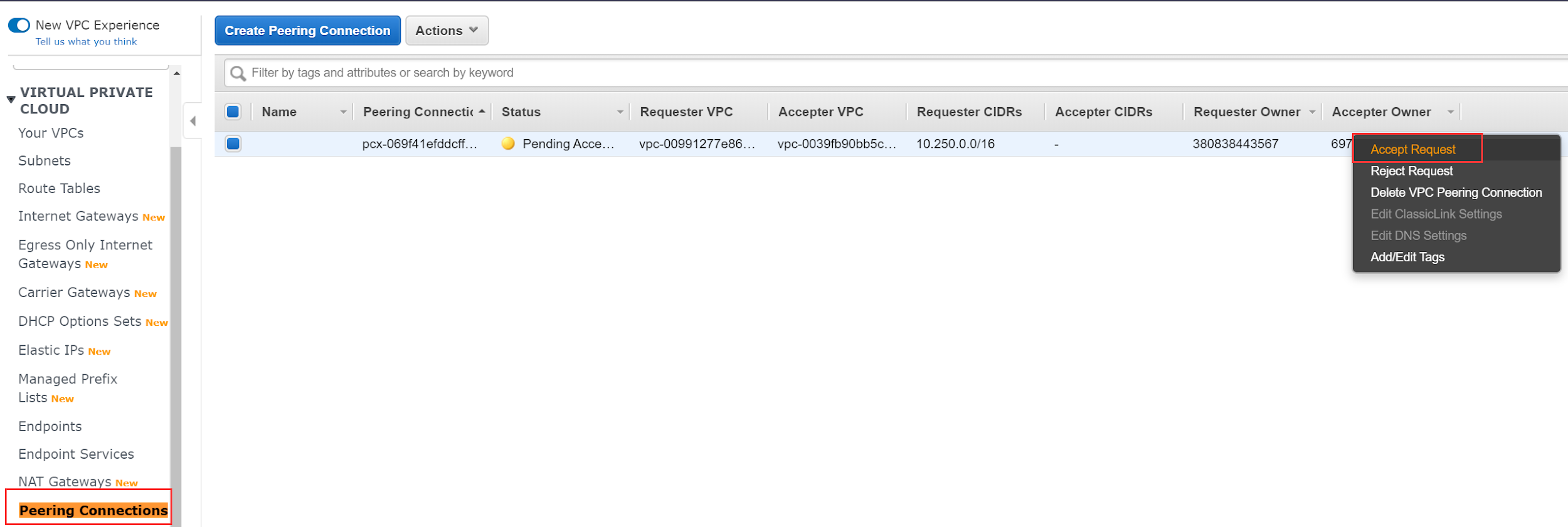 AWS VPC peering requests
